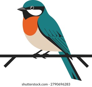 This vector image shows a colorful bird with teal blue wings and an orange chest perched on a branch, displaying a simple and clean graphic style, calm and charming.