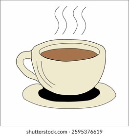 This vector image shows a cup of hot coffee in a cream-colored cup with a handle on the left side. The cup is placed on a small saucer of the same color