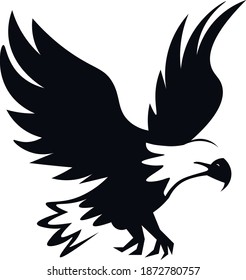 This vector image shows an eagle icon in glyph style. It is isolated on a white background.