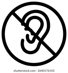 This vector image shows an ear symbol with a line through it, indicating no hearing or listening and ideal for informational signs.