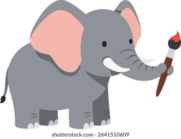 This vector image shows a friendly elephant holding a paintbrush with red paint, symbolizing creativity and art in a cute and playful way. Cheerful mood.
