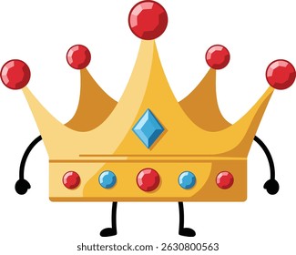 This vector image shows a golden crown with red and blue jewels, featuring cartoon arms and legs in a playful style. The illustration is bright and cheerful.