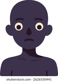 Esta imagem vetorial mostra um avatar de pessoa minimalista com tom de pele escuro e olhos largos, apresentando uma expressão neutra. O design é simples, claro e moderno. Humor calmo.