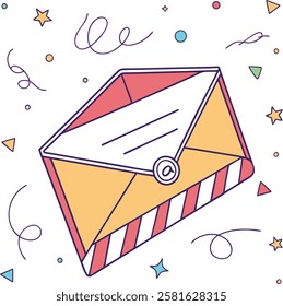 This vector image shows an open envelope with a letter inside, surrounded by various decorative elements like stars, swirls, and dots. 