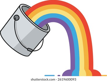This vector image shows a paint bucket pouring vibrant rainbow colors in smooth arcs, symbolizing creativity and diversity in a playful artistic style. Cheerful mood.