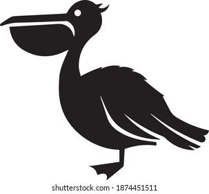 This vector image shows a pelican icon in glyph style. It is isolated on a white background.