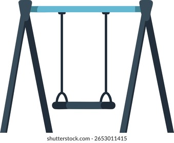 Esta imagem vetorial mostra um jogo de balanço de playground com uma barra superior azul e assento preto pendurado por cordas, ideal para crianças ao ar livre jogo e lazer. Design simples e limpo. Alegre.