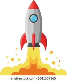 This vector image shows a rocket with red fins launching amid yellow and orange flames, symbolizing space exploration and innovation with a dynamic and energetic mood.