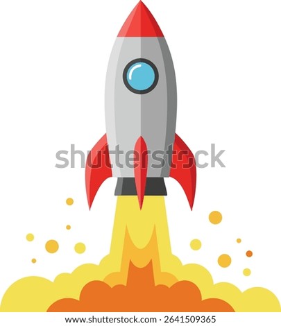 This vector image shows a rocket with red fins launching amid yellow and orange flames, symbolizing space exploration and innovation with a dynamic and energetic mood.
