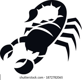 This vector image shows a scorpion icon in glyph style. It is isolated on a white background.