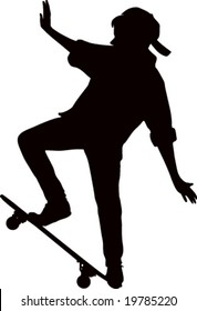 This vector image shows a teenager with a skateboard as silhouette