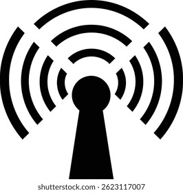 This vector image shows a wireless signal tower icon with radiating waves symbolizing communication and connectivity in technology networks. 