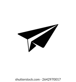 This is a vector image of a simplified paper airplane in black against a white background, suitable for use in creative projects and graphic designs.