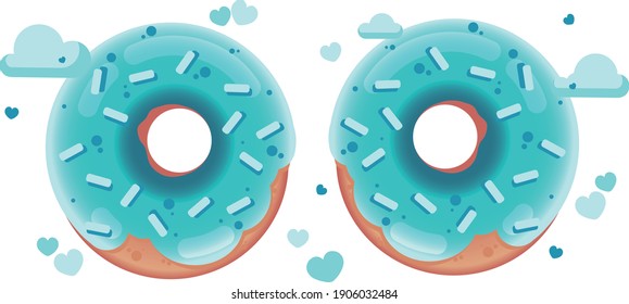 This is a vector image of two glazed donuts. The donuts are covered with blue sweet fondant. Around the donuts, there is the decor of air clouds and hearts.
