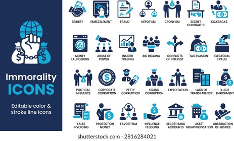 This vector immorality and corporate corruption icon set illustrates bribery, financial fraud, embezzlement, money laundering, nepotism, and business crime concepts.