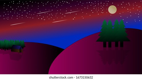 This vector is inspired by images of mountains, houses, trees, auroras and celestial objects drawn with fantasy types
