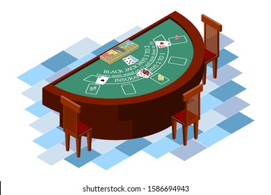 This is a vector isometric illustration of blackjack table.