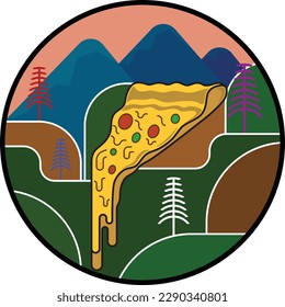 this vector lillustration design,pizza waterfall in beautiful mountains.different logo design,simple and elegant.it's suitable for your fast food logo ,the nature is describe the freshness.