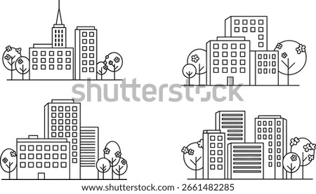 This is a vector line art illustration of cityscapes featuring buildings, skyscrapers, and trees. Ideal for urban design, architecture, and various creative projects. 181