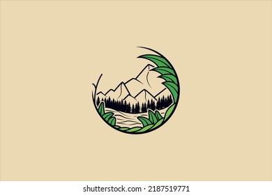 This vector logo is about mountainous nature with a combination of leaves and a vast expanse of weeds