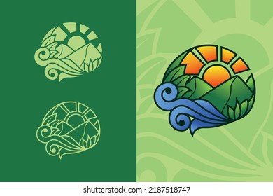 This vector logo is about nature sunrise from the mountains with a combination of leaves and water flow
