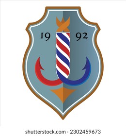 This vector logos design, anchor and barber shop icon on shield. The iconic color for barber shop sign combine with anchor which means keeping your customers loyal to using your service. 