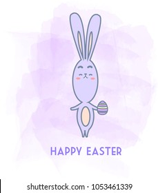 This vector is made to celebrate the easter holiday. There is purple rabbit with egg in her hand. There is also greetings "happy easter" in the bottom side of the vector