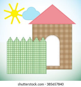This vector is made in style of the application decorated by patches of multicoloured pieces of fabric sawn by stitches.
