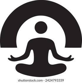 This vector is a minimalist depiction of a person in a meditative pose under a semi-circular arc, symbolizing a tranquil mind and balanced spirit.