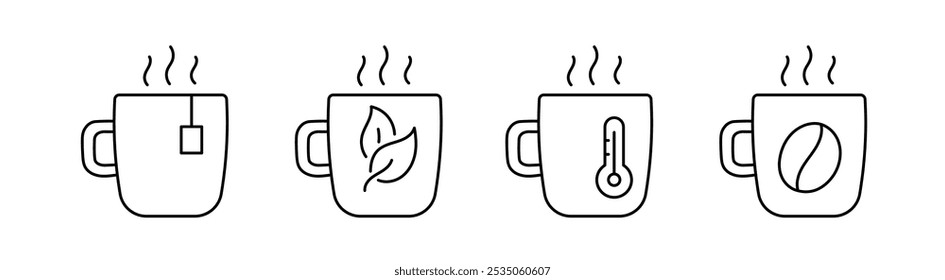 Iconos de esta taza de Vector para la temperatura del agua guía del usuario. Vector de trazo de línea de contorno editable.