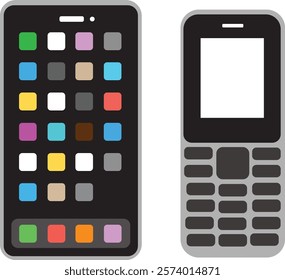 This vector pack includes beautifully designed illustrations of a contemporary smartphone and a classic keypad phone, perfect for modern and retro-themed projects.