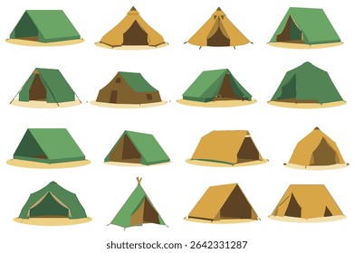 This vector pack includes a variety of camping tents, designed in a flat minimal style. From dome tents to classic triangular tents, the set is perfect for travel designs, adventure websites, outdoor