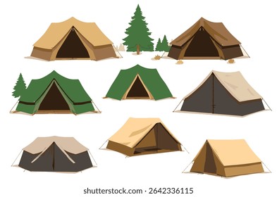 This vector pack includes a variety of camping tents, designed in a flat minimal style. From dome tents to classic triangular tents, the set is perfect for travel designs, adventure websites, outdoor