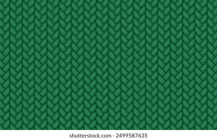 This vector pattern depicts a realistic knitted textured pattern in shades of green, creating the effect of natural knitting. Ideal for a background designed in the style of a knitted willow structure