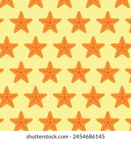 This vector pattern features charming orange starfish scattered across a sunny yellow background, evoking the warmth and joy of summer days by the ocean. 