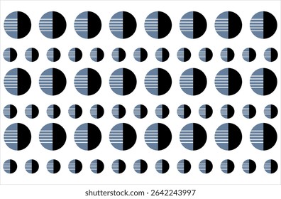 
This vector pattern features a two-tone geometric circle arrangement inspired by the shape of a half moon or the phases of the moon. Each circle is divided into two contrasting sides