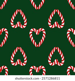 This vector pattern of red and white candy canes shaped into hearts on a green background is perfect for holiday decorations, gift wrapping designs, Christmas cards, and festive-themed projects.