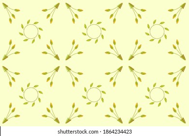 This is a vector pattern in a repeat tile style and a separate cream background.  It comprises lime green leaves in a circular format along with yellow flower buds arranged symmetrically