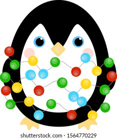 This is vector penguin and Christmas garlands. Cute cartoon illustration.