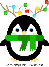 This is vector penguin white deer antlers and Christmas garlands.