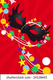 This vector picture represents a carnival mask with streamers and confetti