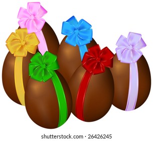 This vector picture represents a chocolate easter eggs with colored bow