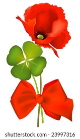This vector picture represents a poppy with a four leaf and a red bow