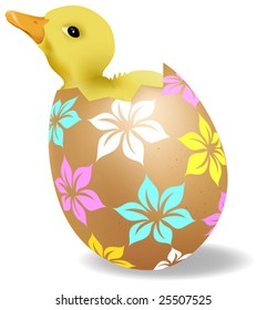 This vector picture represents a yellow chick in a decorated easter egg