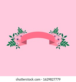 This is vector pink ribbon with flowers, leaf. Set of pink tape isolated on pink background. Could be used for flyers, banners, postcards, holidays decorations.