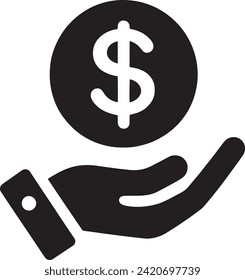 This vector portrays a hand holding a dollar sign, depicted in a stark black and white design. It represents financial support, assistance, donations, investments, or the concept of money.