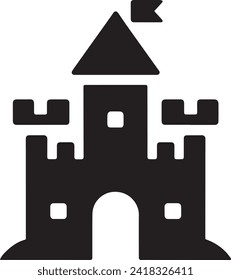 This vector portrays a medieval fortress icon in a bold, black silhouette. The central keep is topped with a pointed roof and flanked by sturdy towers with classic battlements.