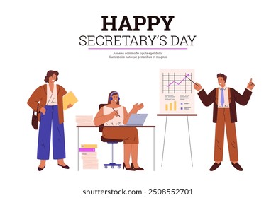 This vector poster dedicated to Secretary's Day depicts a woman and a man in a busy office on a white background. They are smiling and busy with their work process.