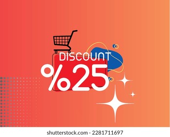This vector poster features a striking red gradient background with a black shopping trolley symbol and bold "Discount" text displaying a 25% discount offer.