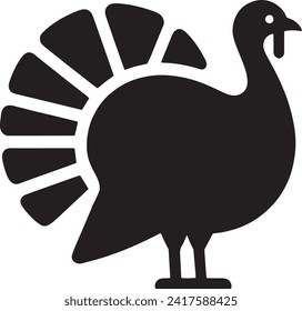  This vector presents a black silhouette of a turkey with its tail feathers fanned out in a display. The silhouette captures the essence of the turkey's distinctive body shape.